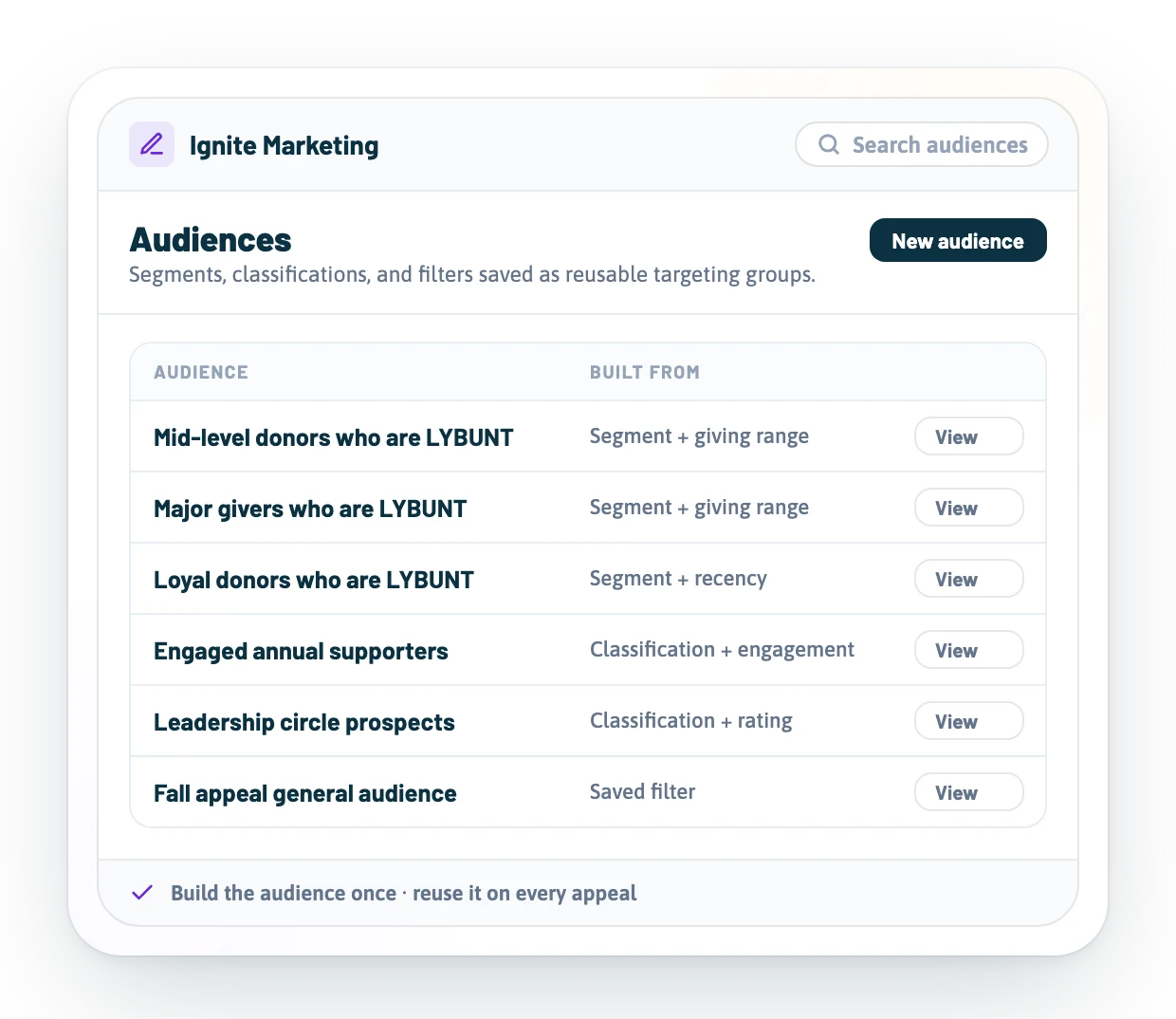 Audiences view with segments, classifications, and filters saved as reusable groups.