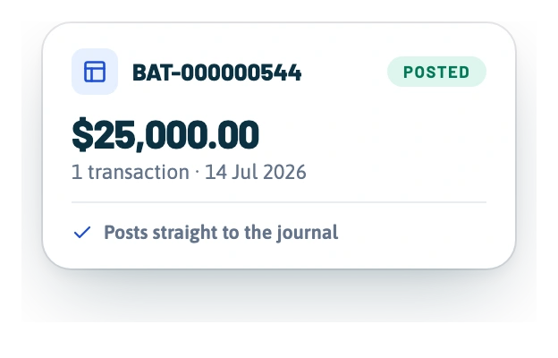 Floating batch card: batch BAT-000000544, $25,000, one transaction, posted and feeding the journal.