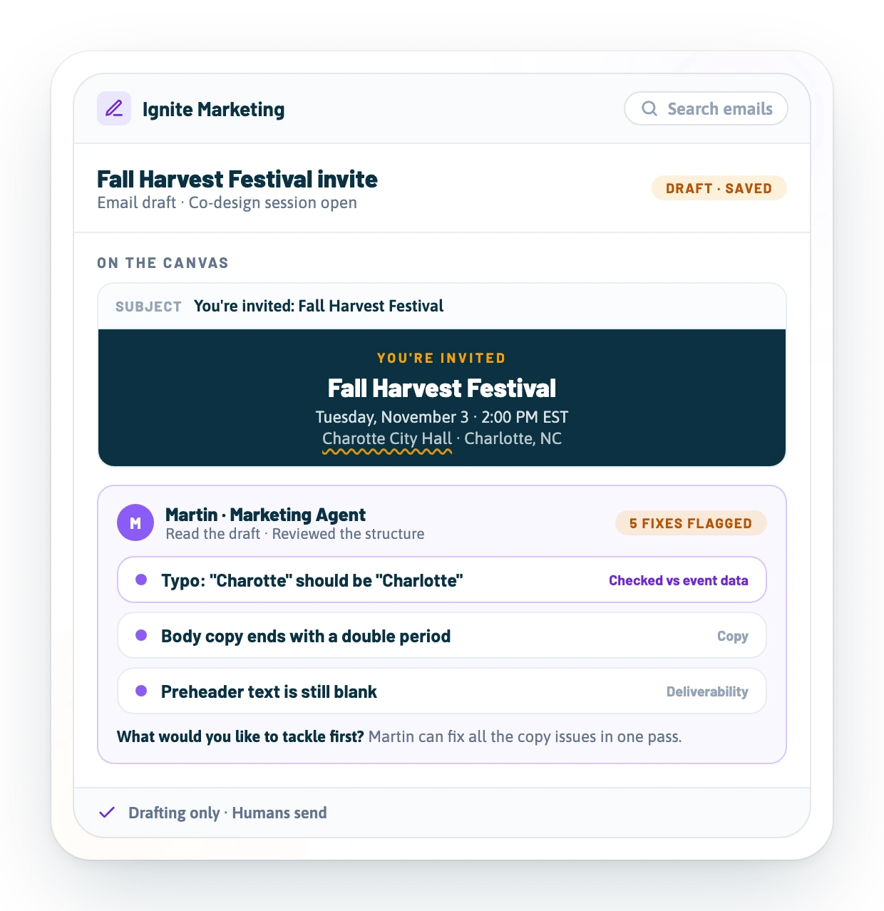 Co-design studio showing an agent’s suggested fixes on a draft, with sending left to a person.