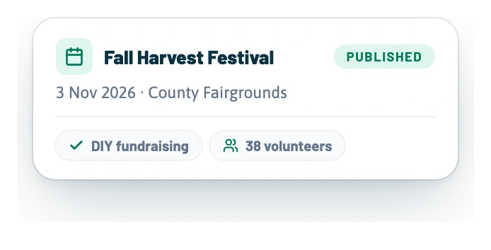Floating event card: Fall Harvest Festival, published, with DIY fundraising enabled and 38 volunteers signed up.